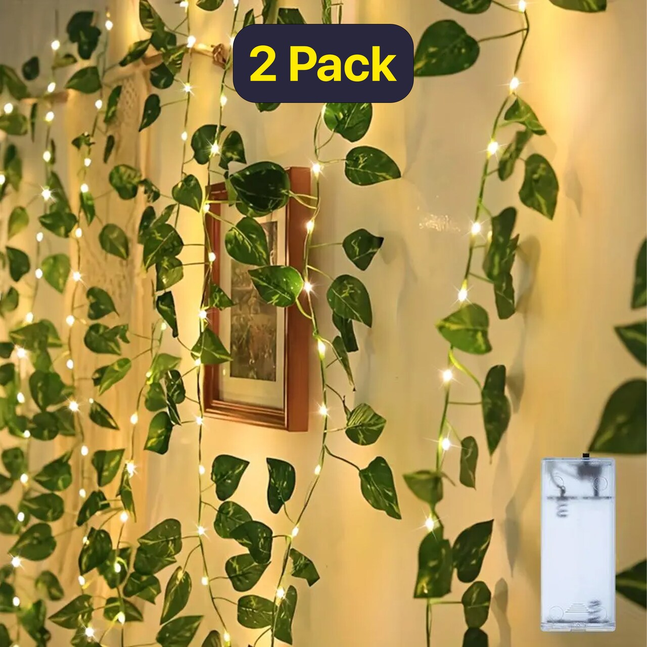 66 LED Ivy Garland String Lights – Battery Operated, 6 Strands Warm White
